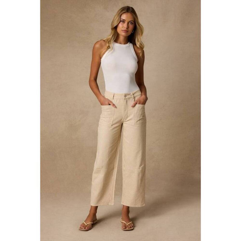 Lulus Darice Beige Striped Twill High-rise Ankle Pants - Size S